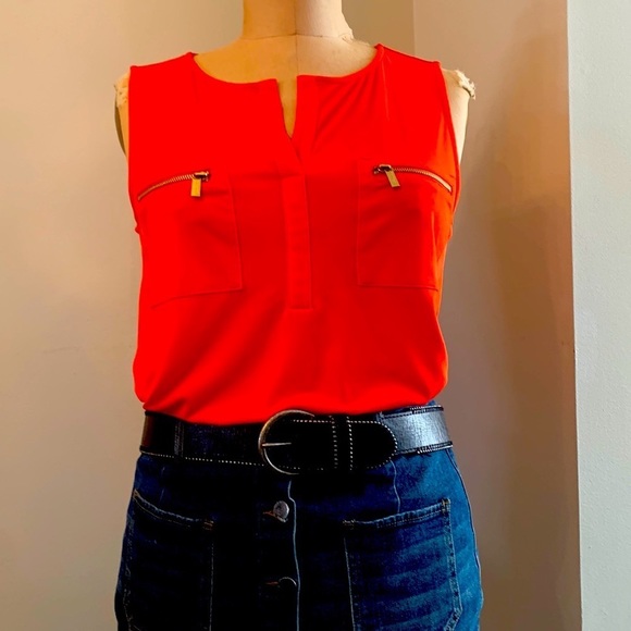 Ellen Tracy orange jersey sleeveless top with zippered patch pockets - Picture 1 of 5